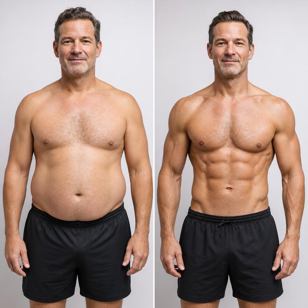 Before and after transformation of a man in his 40s who lost belly fat and built muscle
