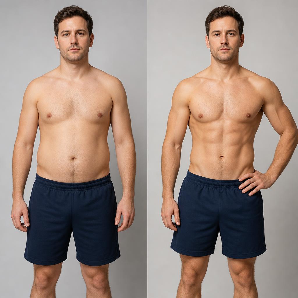 Before and after body transformation showing leaner waist and defined chest