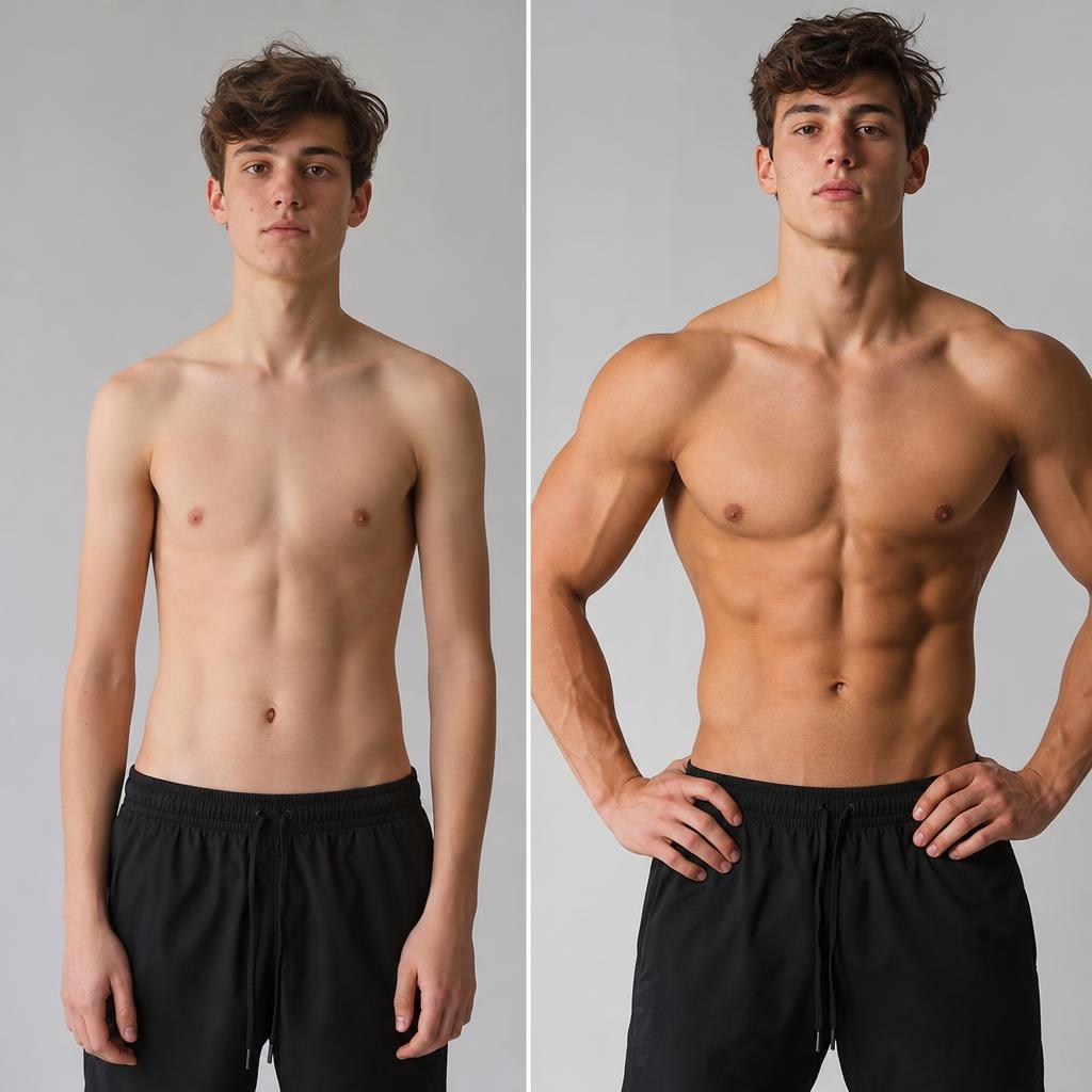 Before and after transformation of a young man who built lean muscle