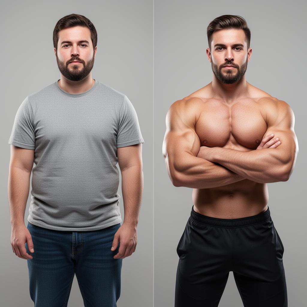 Before and after transformation of a bearded man who built serious muscle